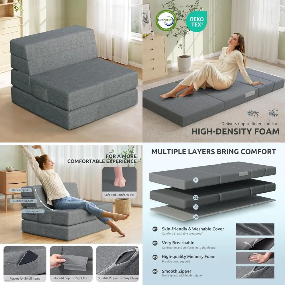 

6-Inch Foldable Sofa Bed Mattress for Bedroom and Living Room, Single Size Floor Sofa for Guests