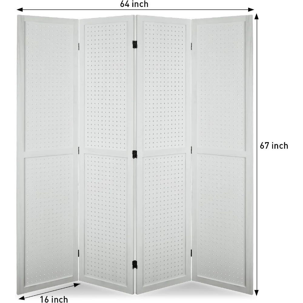 4 Panel Room Divider, 5.6Ft Pegboard Display Wooden Room Divider Folding Privacy Screen Room Divider Freestanding Peg Boa