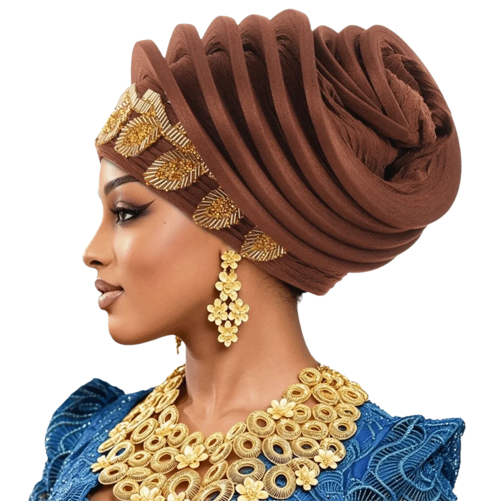 Elegant Shiny African Gele Headwrap Polyester Leaf Yoruba Turban Hat Gold Embellished Pre-tied Traditional Headpiece Bridal