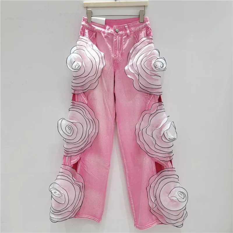 Jeans mit großem Blütenblatt-Hohldesign auf der Seite, Damen-Frühlings- und Sommerneue, hoch taillierte, lockere und dünne, vielseitige Hose mit weitem Bein