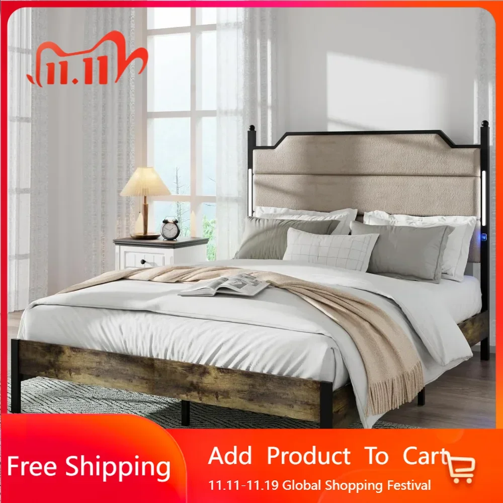 Queen Size Bed Frame with Underbed Storage, Simple and Atmospheric, Heavy Duty Sturdy Upholstered Metal Bed Frame