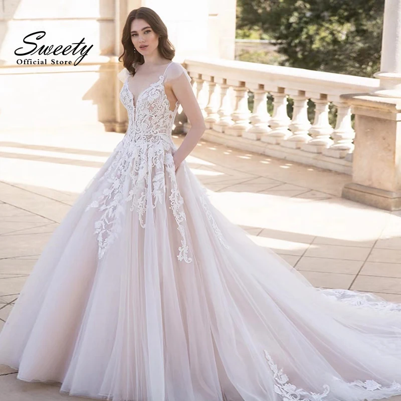 Elegant Wedding Dress Organza With Embroidery A-Line Ballgown V-Neck Sleeveless Spahrtti Strap Bride Customized Vestido De Novia