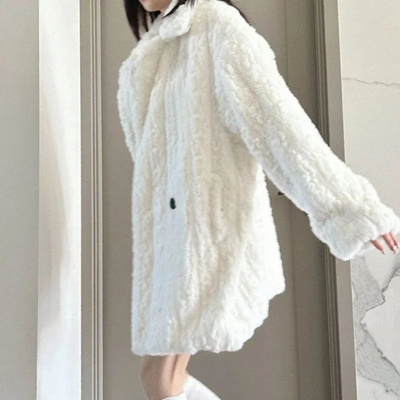 2024 Winter New Women Korean Style Faux Lamb Plush Fur Coat Female Fashion High-End Mid-Length Fleece-Lined Thick Casual Outwear