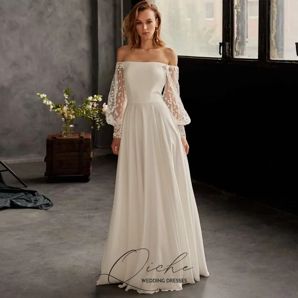 

QICHE Boat Neck Simple Wedding Dresses 2025 Lace Puff Sleeves A Line Bridal Gown Customized Elegant Party Dresses for Bride