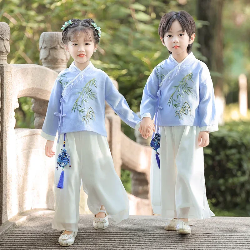 Mode Leistung Kinder Hanfu Traditionelle Chinesische Kleidung Junge Tang Kostüm Set Casual Mädchen Anzug Sommer Kinder Outfit