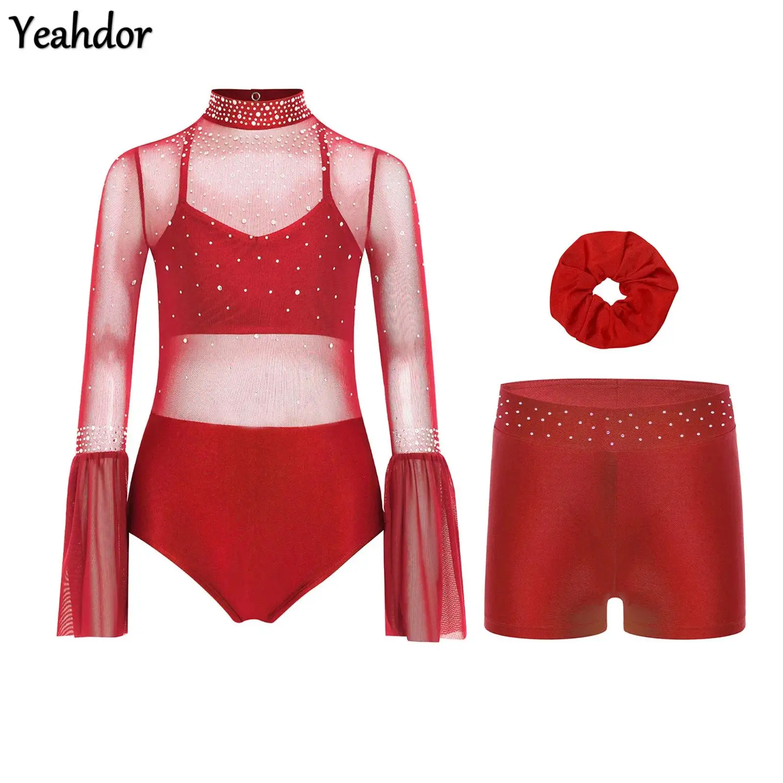 

Girls Ballet Dance Outfits Leotard Sheer Mesh Flare Sleeve Backless Rhinestone Dance Bodysuit Gymnastics Figure Skating Costume