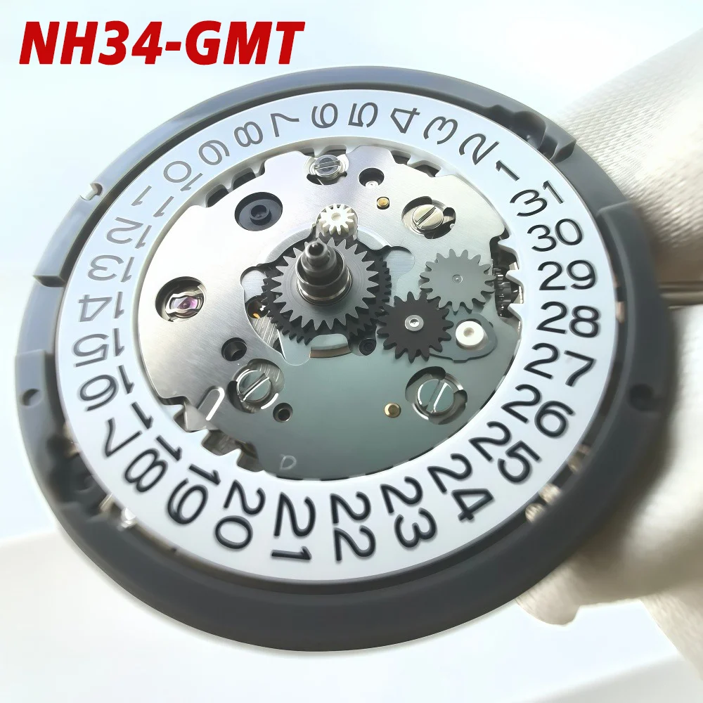 GMT NH34 Automatic Mechanical Movement White 3H Date Wheel High Precision 24 Gemstones NH34A 24H Dial GMT Function