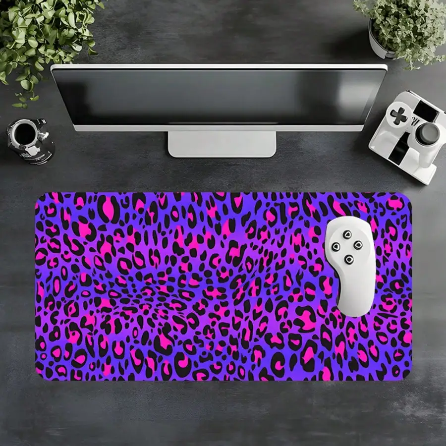 1pc Purple Base Rose Pink Leopard Print Mouse Pad, Neon Art Large Office Mouse Pad - Extended Purple Tone Neon Leopard Print Mouse Pad, With Non-Slip Rubber