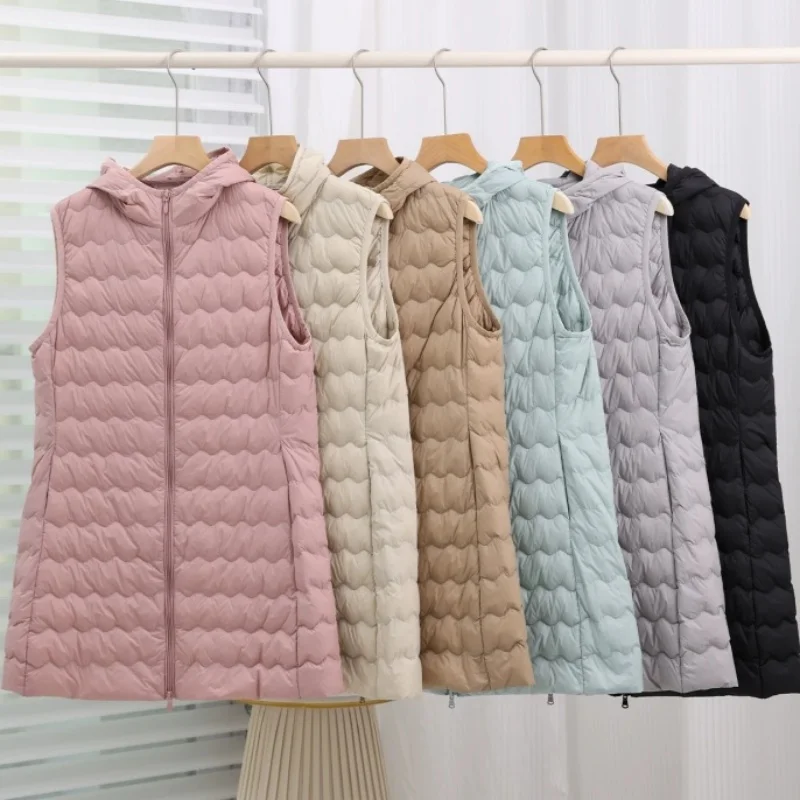 Autumn Winter Sleeveless Hooded Down Waistcoat Jacket Parka Women Ultra Light White Duck Down Vest Lady Warm Midi Long Tank Coat