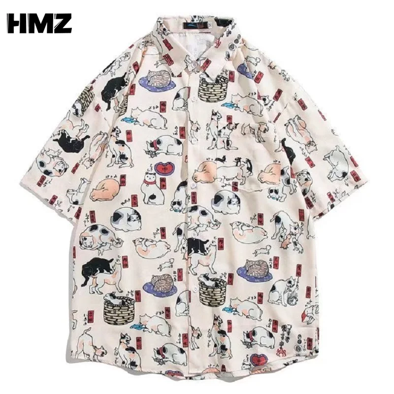 

HMZ Men Short Sleeved Harajuku Shirts New Summer Fashion Animal Print Shirts Lapel Men Tops Casual Beach Style Shirts Streetwear