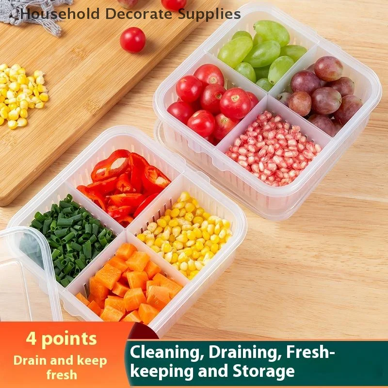 

Refrigerator Storage Box 4 Grid Food Vegetable Fruit Storage Box Fridge Organizer Drain Basket Meat Onion Ginger Clear Crisper