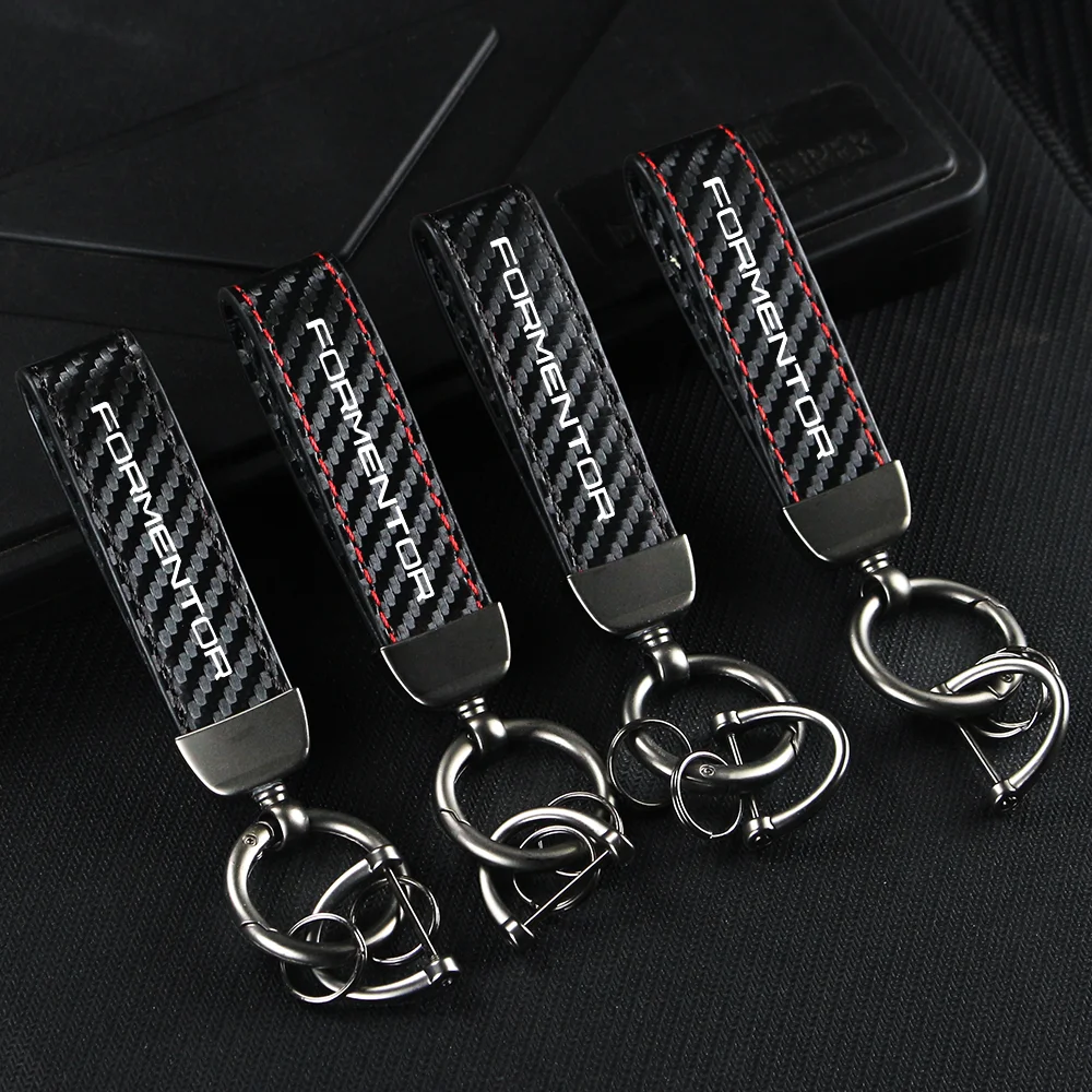 Car Carbon Fiber Leather Rope Car Keychain Alloy Key Chain Pendant Keyring Horseshoe Buckle for FORMENTOR IBIZA LEON Accessories