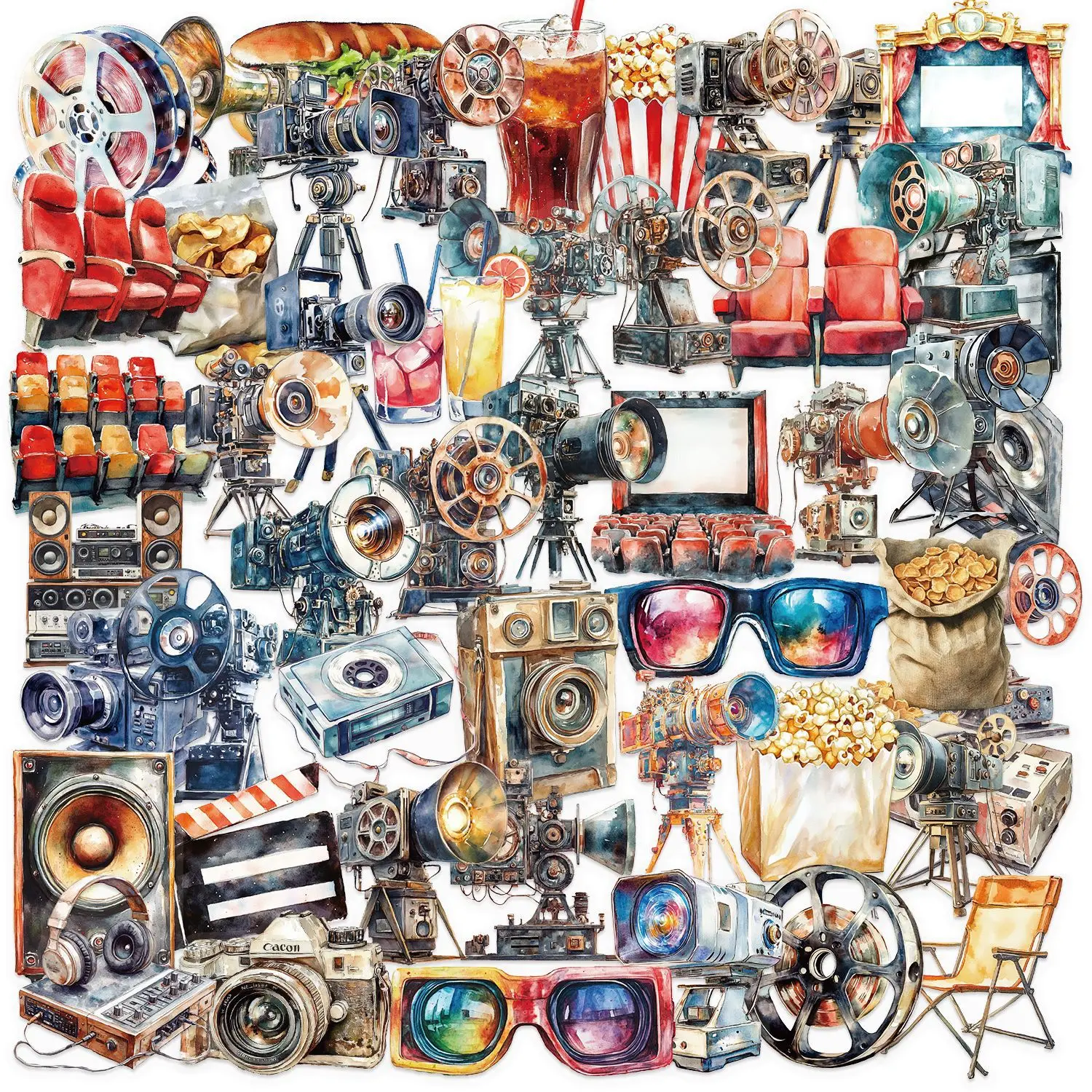 50/100 Pcs Retro Movie Theme Stickers PET Waterproof Clear DIY for Scrapbook Guitar Notebook Phone Stationery Box Diary Decals