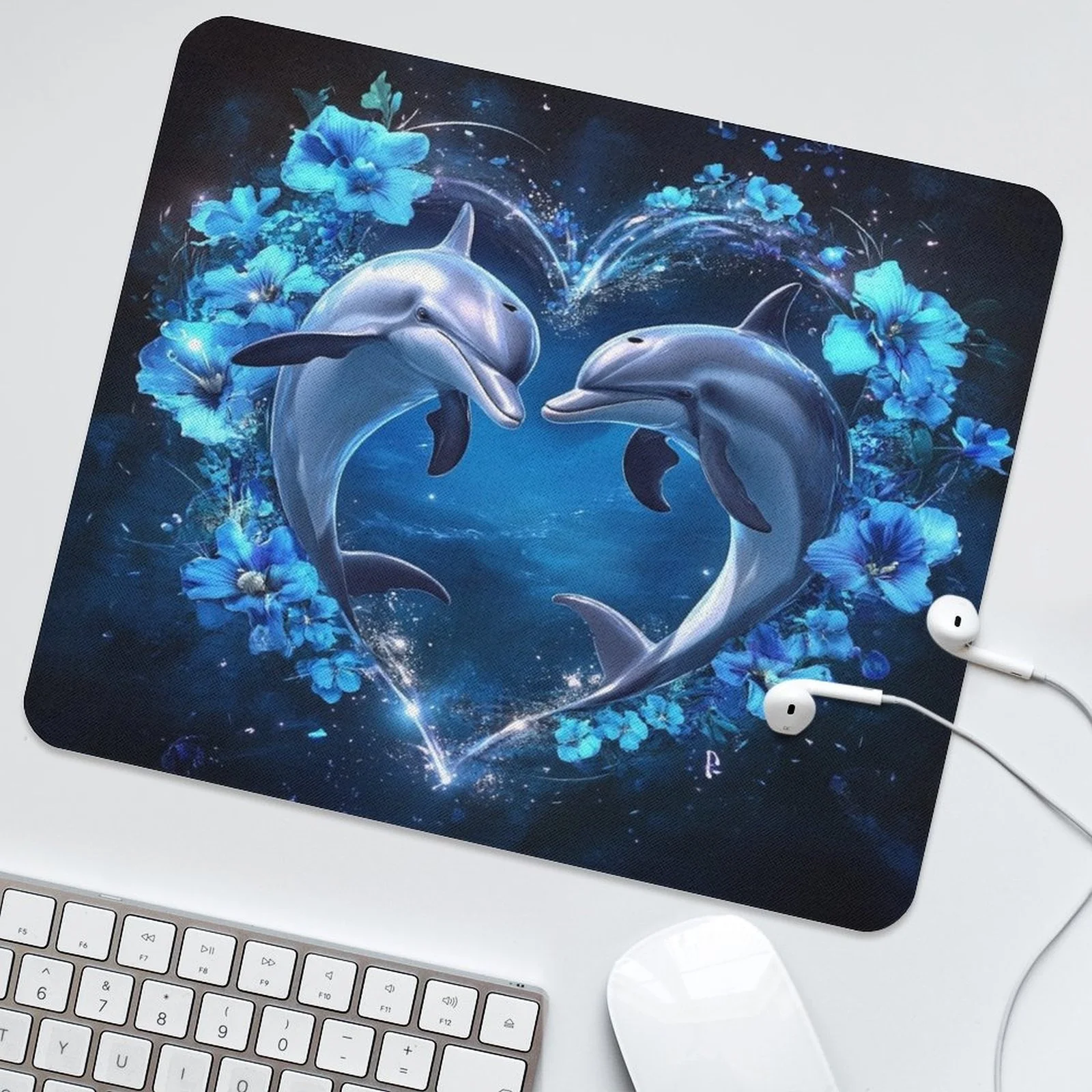Cute dolphin-patterned mousepad designed by Flower Ocean is suitable for office and home use with rubber anti-slip properties