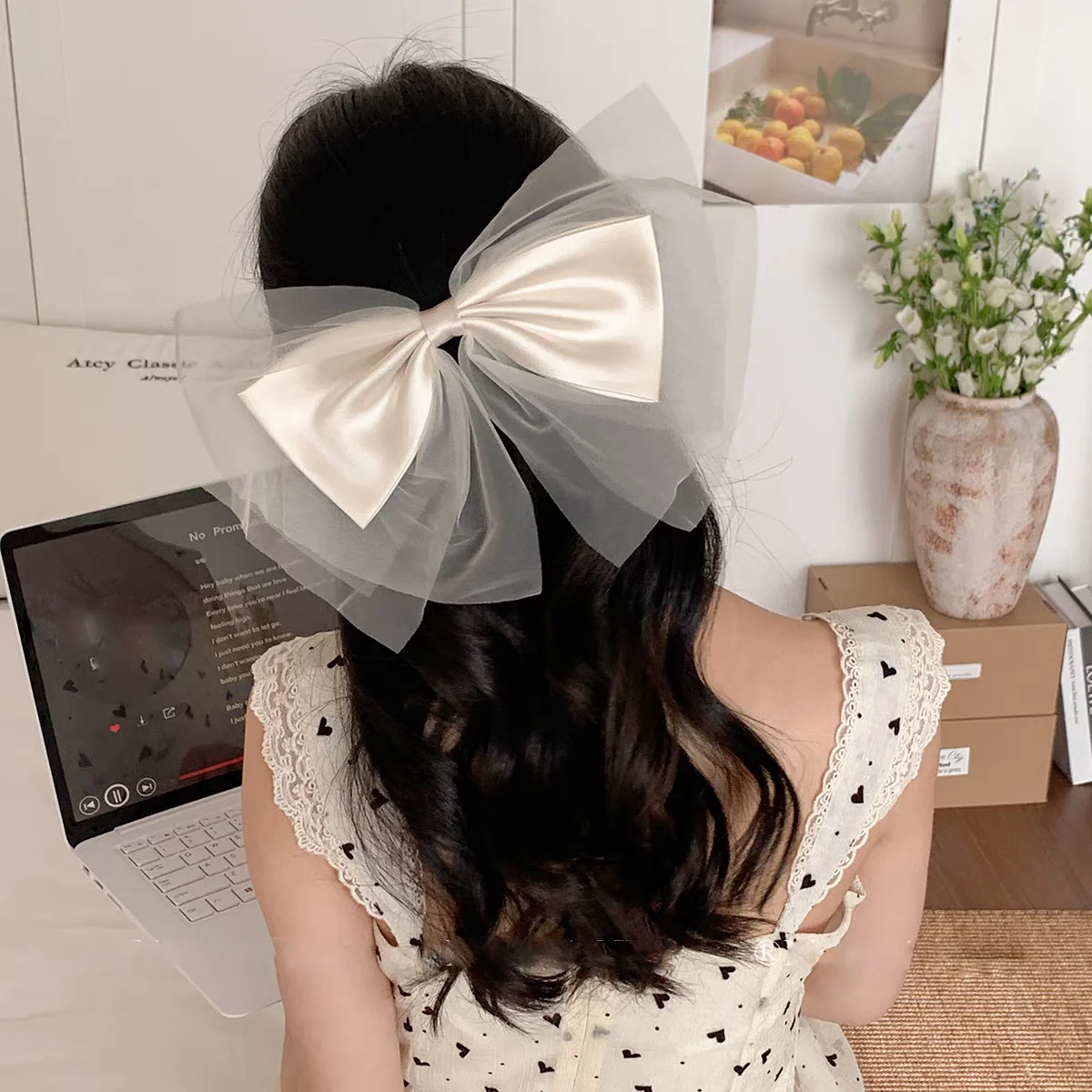 AWAYTR Mesh Lace Bow Tie Hairpins Cute Floral Headwear Romantic Hair Accessories Girl Side Bangs Clip Sweet Hair Clips
