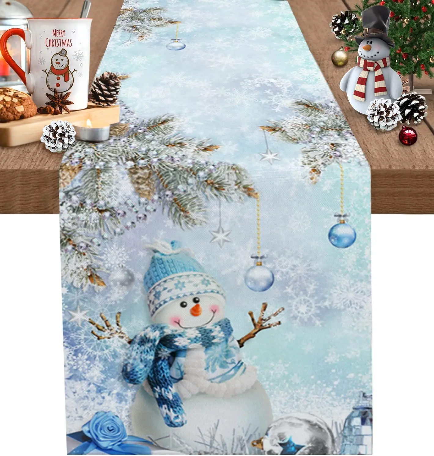 

Christmas Snowman Pine Tree Linen Table Runner Winter Xmas Wedding Party Decor Kitchen Dining Table Decor Navidad Decorations