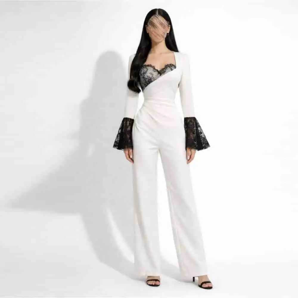 Customized Women Elegant Jumpsuit Black Lace Patchwork Long Sleeve Flare Cuff Square Neck Wide Leg Formal Party Romper Outfit