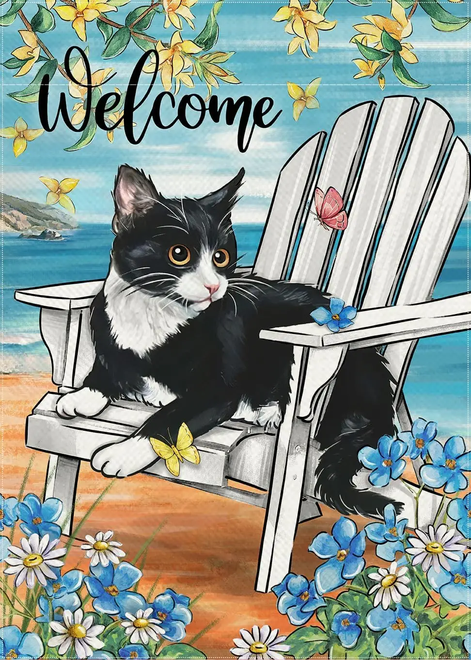 Welcome Spring Summer Cat Chair Decorative Garden Flag, Kitty Forget Me Not Daisy Flower Sea Beach Yard Outside Decorations, Coa