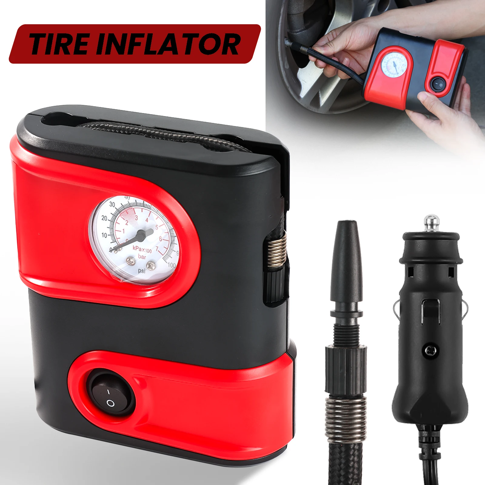 12V Portable Tire Inflator Air Pump Compressor Electric 100PSI Heavy Duty Car Auto Guage Car Motorcycle Bike Emergency Light