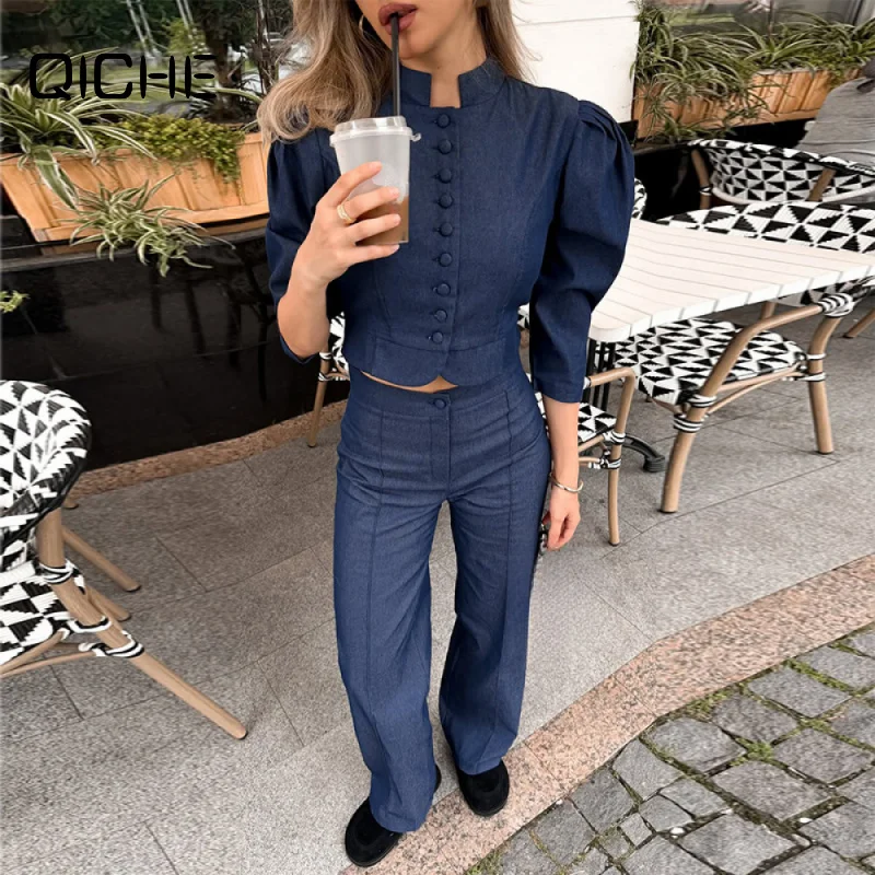 QICHE Women 2026 Casual Matching Outfit Stand‑Collar Silhouette 3/4‑Sleeve Texture Slim‑Fit Dark‑Blue Trousers Two‑Piece Suit