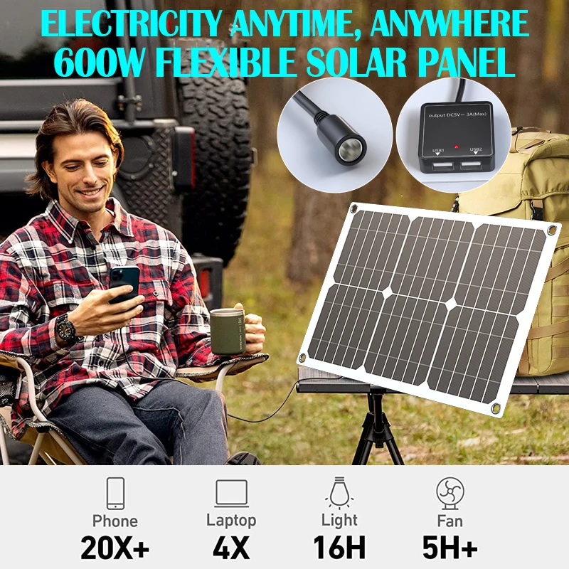 500W Portable Solar Panel - 18V/12V Waterproof USB Port & 5V Charger for Outdoor Camping Phone & Power Bank
