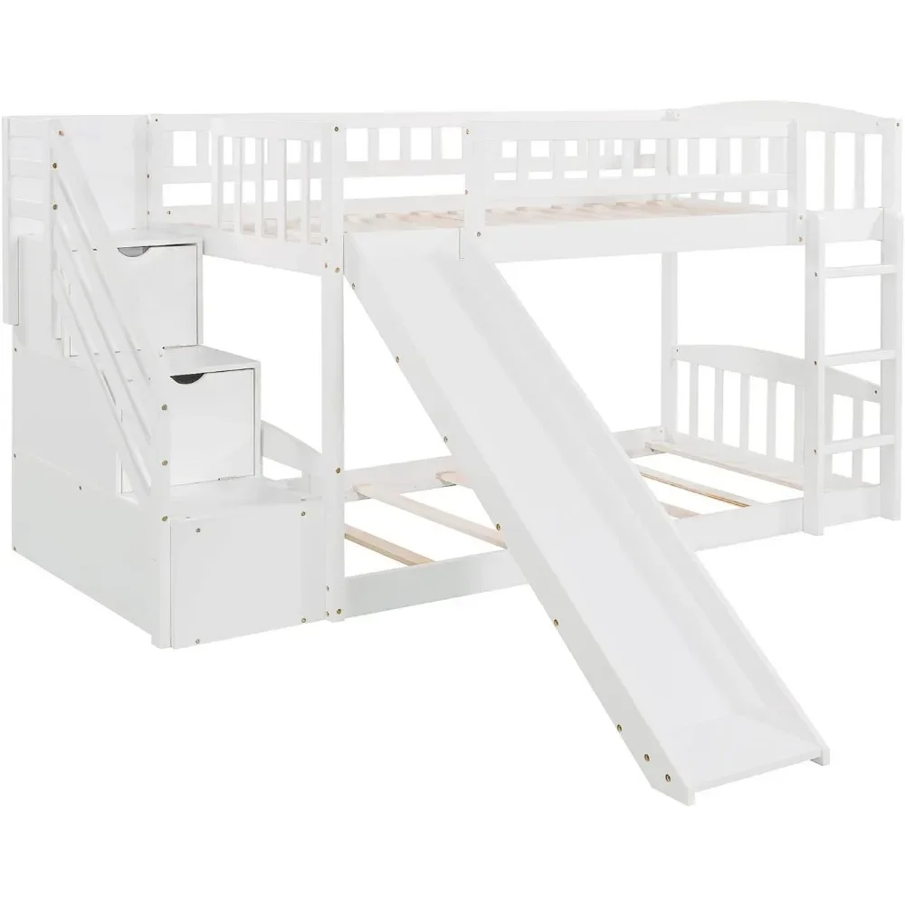 Bunk Bed Frame, Slide, Stairs and Guardrails, Children\'s Solid Wood Bed Frame, White