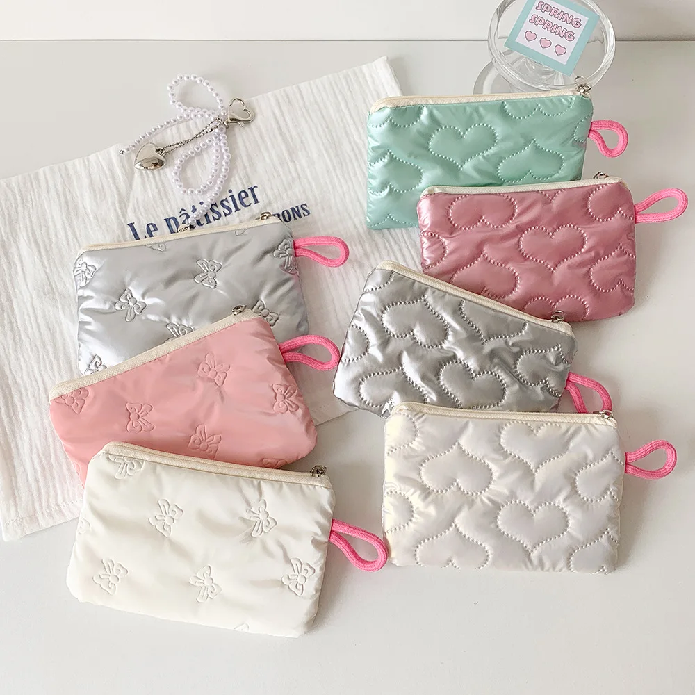 Mini trousse de maquillage brillante argentée pour femme, pochette à monnaie, porte-monnaie mignon, portefeuille portable, sac pour écouteurs et câbles de données