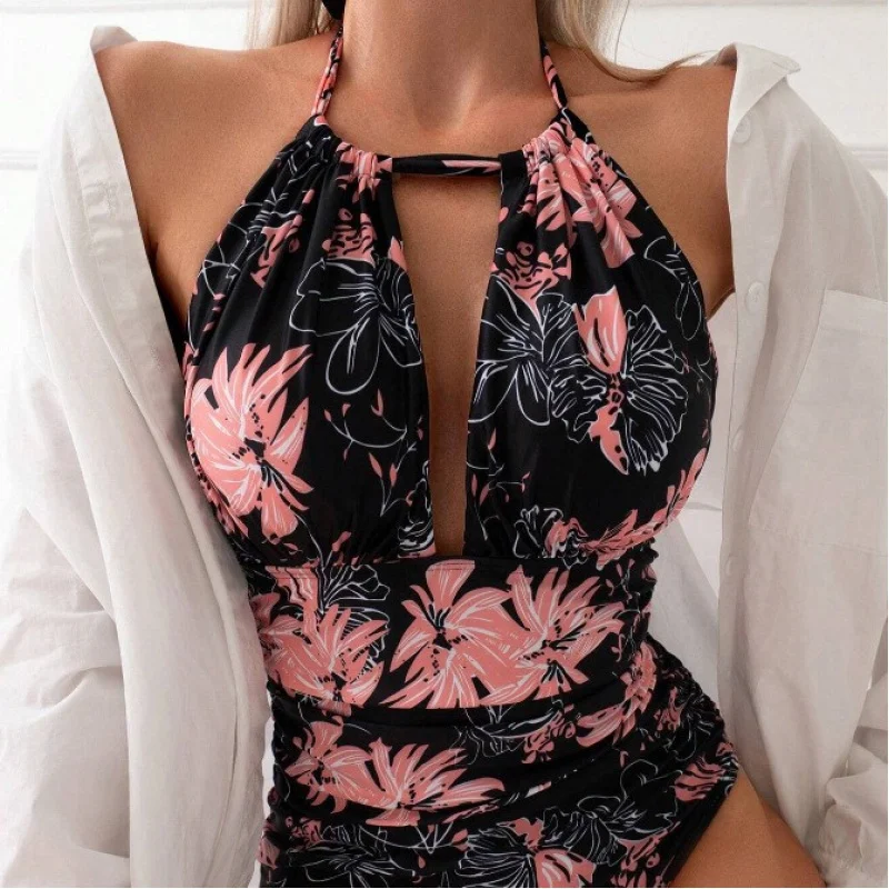 New printed conservative one-piece bikini swimsuit with halter neck for womenbikiniSwimwear