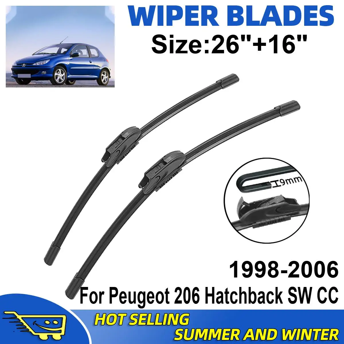 2PCS Wiper Blades Set Kit For Peugeot 206 Hatchback SW CC 1998-2006 Front Windshield Brushes Windscreen Window Accessories