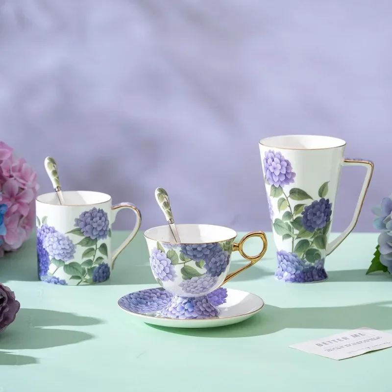 Purple Hydrangea Pattern Bone China Coffee Cup and Saucer set Mug Luxury Beautiful Home Flared Cup for Milk and Cold Beverages