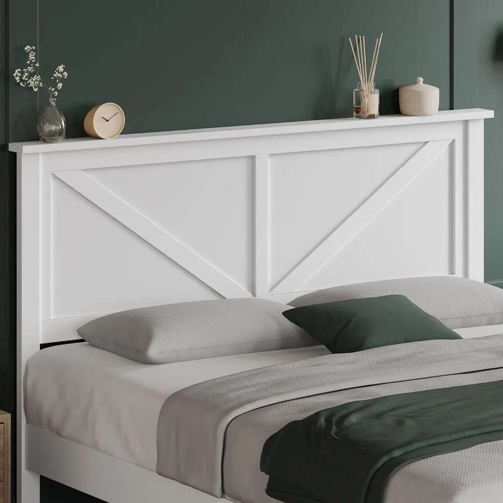 Yaheetech سرير خشبي كوين، إطار سرير بمنصة خشبية مطاطية بيضاء للمزرعة مع لوح رأسي مصمم على شكل حرف V، شرائح دعم خشبية قوية،