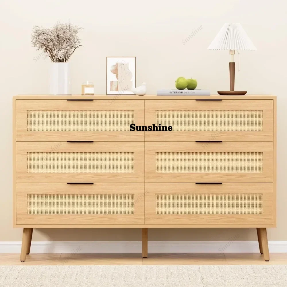 

Natural Rattan Dresser for Bedroom with 6 Drawers Modern Wood 6 Drawer Dresser with Black Handles Chest of Drawers for Nursery