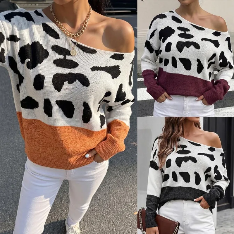 Women Off Shoulder Cow Print Color Block Knit Sweaters Long Sleeve Autumn Winter Vintage Slash Neck Casual Contrast Pullovers