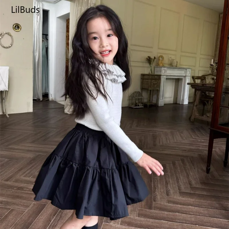 2024 New Korean Children's Cute French Retro Rice Grey Double-Layer Lotus Leaf Collar Sweater Girls' Base Shirt Outdoor Clothing