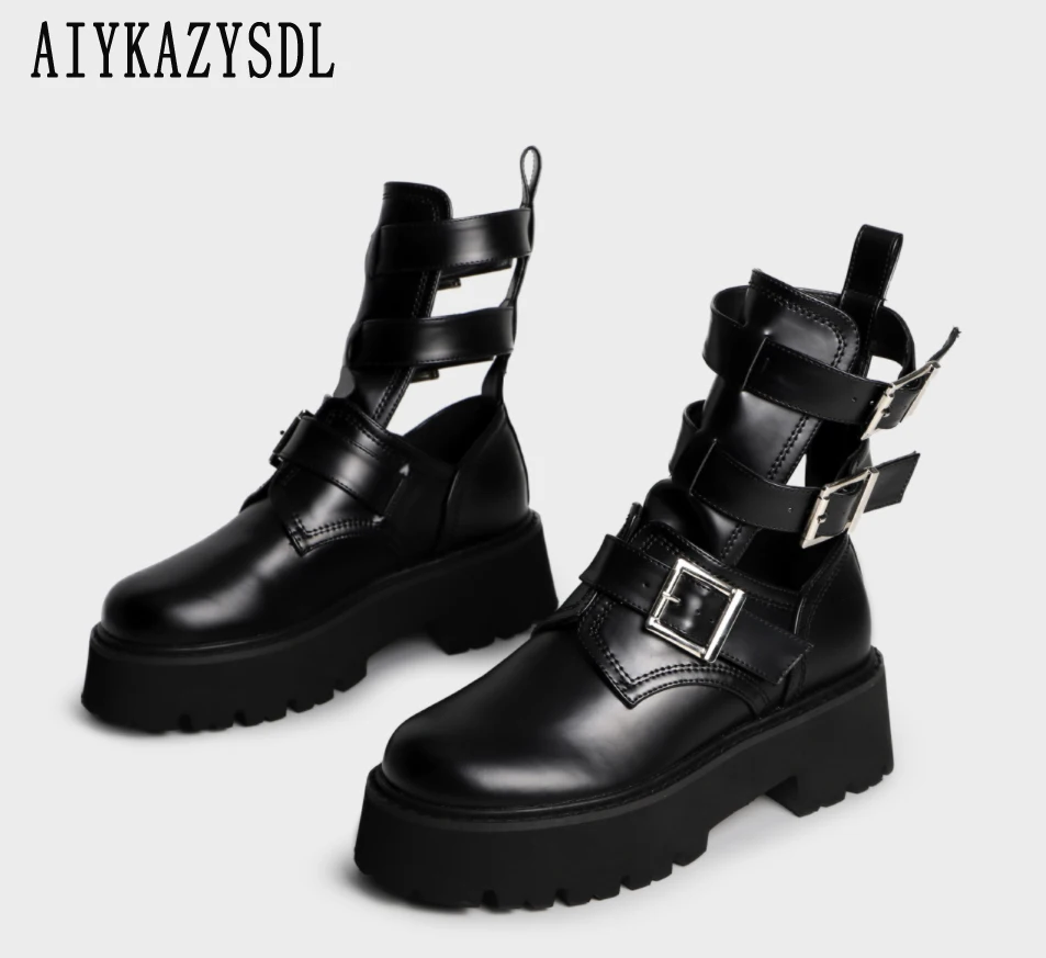 2023 kobiet z wyciętymi paskami buty na platformie płaskie buty wiosenno-jesienne gladiatorki botki Knight Bootie Summer Mujer Creepers