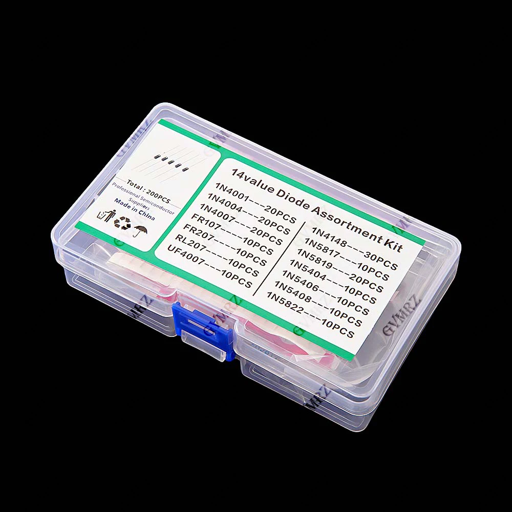 14Value 200PCS Switching Transistors & Diodes Assortment Kit with Box Fast Recovery, Rectifier & Schottky Diodes 14Value