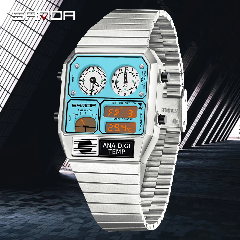SANDA New 3192 Men's Square Men's Electronic Watch Waterproof LED Thermometer Stopwatch For Men's Electronic Watch