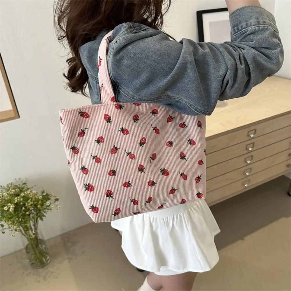 Strawberry Print Women Shoulder Bag New Corduroy Large capacity Shopping Bag Solid Color Handbag Tote Bag