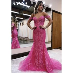 Sansa Sexy Off Shoulder Mermaid Vestidos De Noche Fuchsia Sequins Trumpet فساتين السهرة Luxury Fishtail Prom Dresses