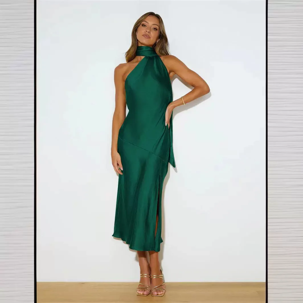 Fashion Satin Dress for Women Sleeveless Backless Sexy  Evening Dress Women Neck-mounted Summer Party Dresses Vestidos Bodycon