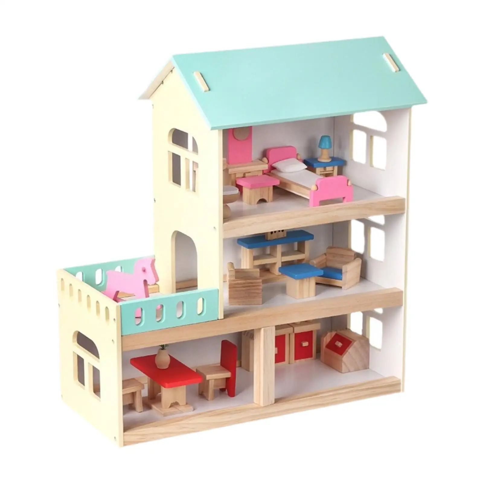 Casa delle bambole in legno per bambini Villa principessa 3 livelli Casa delle bambole moderna per famiglie Set da gioco per bambini dai 3 anni in su Regali di compleanno