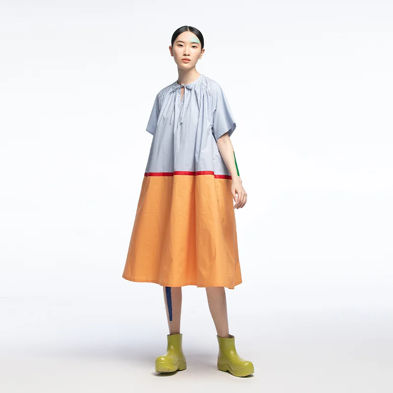 

Original Design Summer New Loose Splicing Ethnic Artistic Dr Women's Midi Skirt Big Swing Cotton Polyester Elastic Fiber