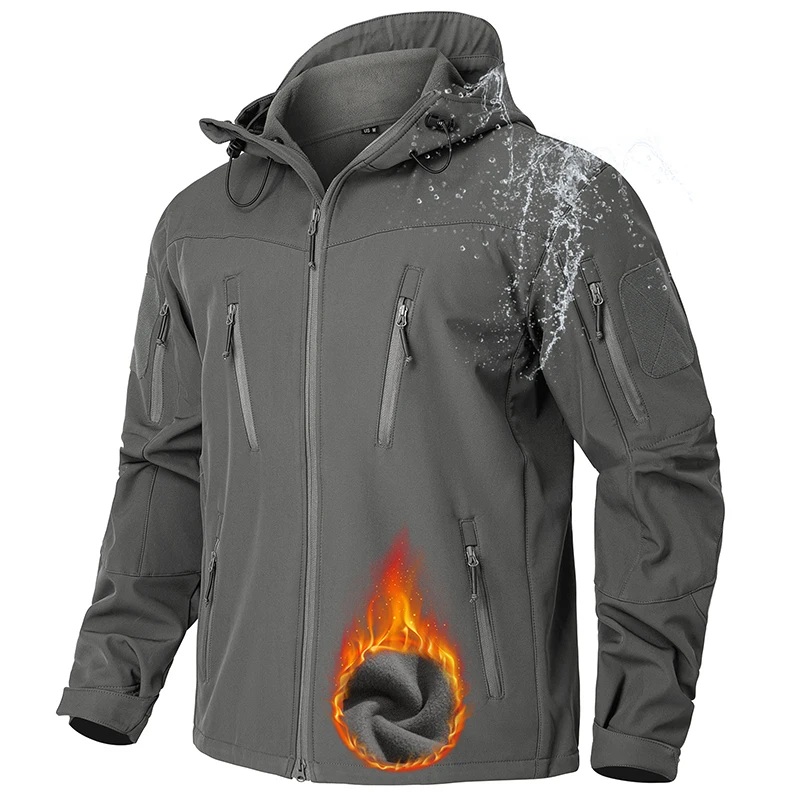 Men's Waterproof Softshell Tactical Jacket Outdoor Hiking Skiing Windbreaker Coat Winter Windproof Fleece Hoodie Jacket