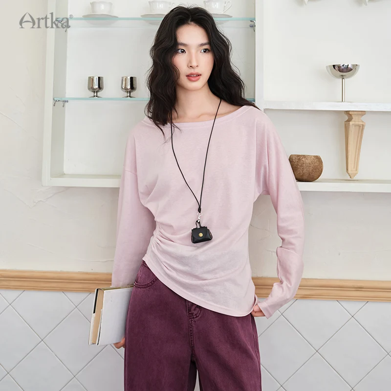 

ARTKA 2025 Autumn New Women T-shirt Fashion Elegant O-Neck Side Pleated Design T-shirts Long Sleeve Pink T-shirt Female TA32057Q