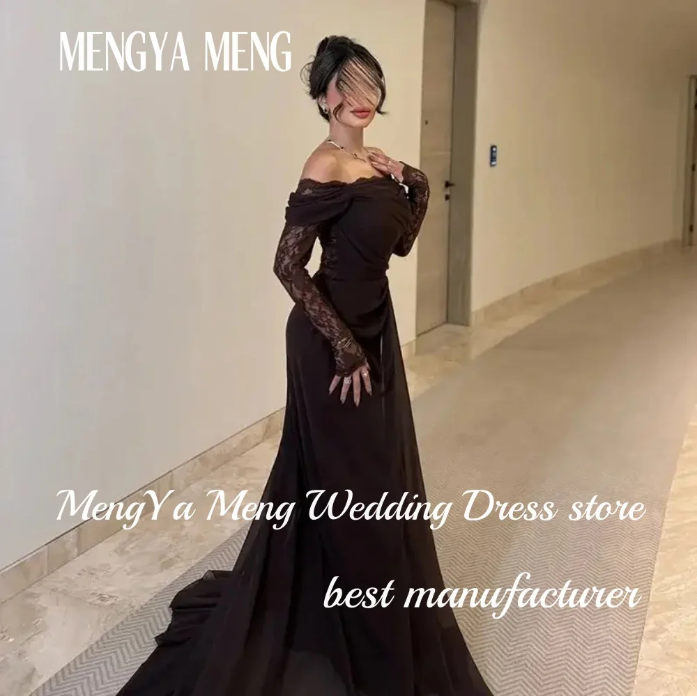Customized Elegant Brown Lace Long Sleeve Evening Dress A Line Off Shoulder Prom Party Dress Saudi Women Dubai Formal Gowns