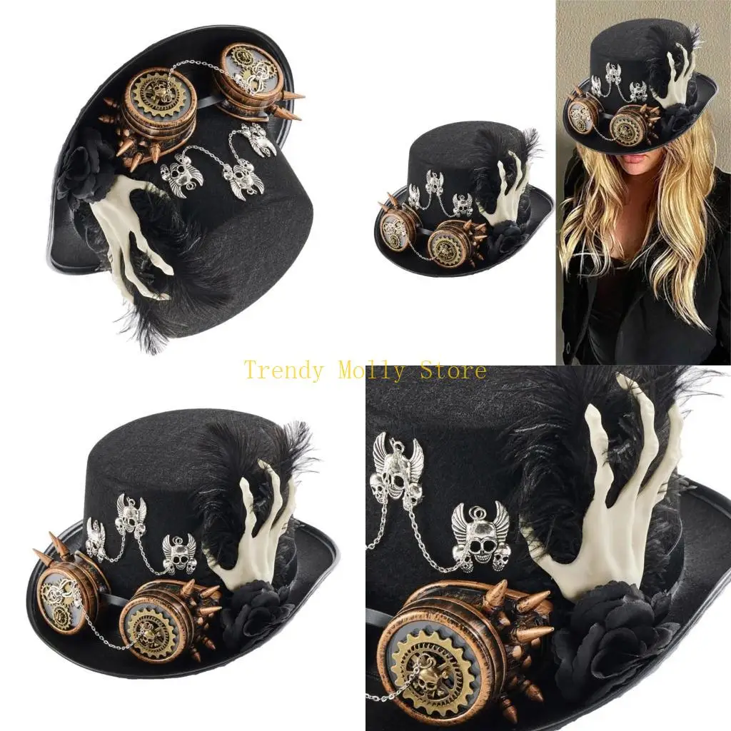 

N5KB Средневековый цилиндр в стиле стимпанк с очками и карнавальной шляпой с ручным скелетом для женщин