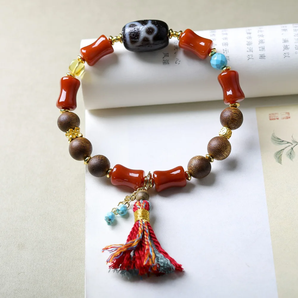 Lukki incense wood nanhong agate bamboo beads bracelet God of Fortune dzi beads to attract wealth and gather wealth strings