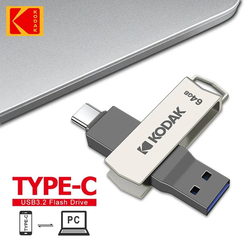 KODAK K273 USB3.2 Unidad flash USB tipo c de metal 64 GB 128 GB Tipo C 2 en 1 Memoria USB dual para computadoras y teléfonos inteligentes