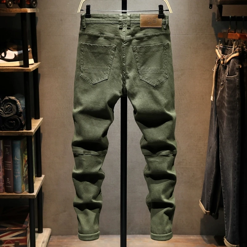Men Army Green Jeans Spliced Stitching Design Side Zip Decor Washed Stretch Slim Fit Streetwear Denim Jeans hombre