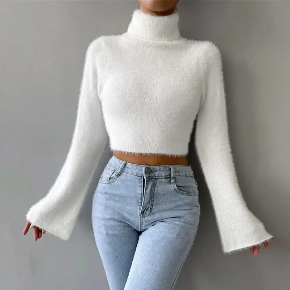 Women Plush Pullover Stylish Women's High Collar Cropped Sweater with Flared Long Sleeves Solid Color Slim Fit for Exposed